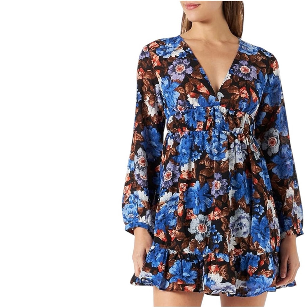 Zara Crepe Floral Print Deep V Neck Long Sleeve Ruffled Hem Mini Dress Size XL